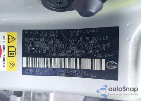 2016 Lexus Es 350 z USA, uszkodzony, nr VIN 58ABK1GG6GU005108